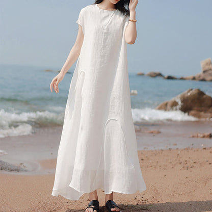 Buddha Stones Plain Irregular Hem Short Sleeve Cotton Linen Maxi Dress