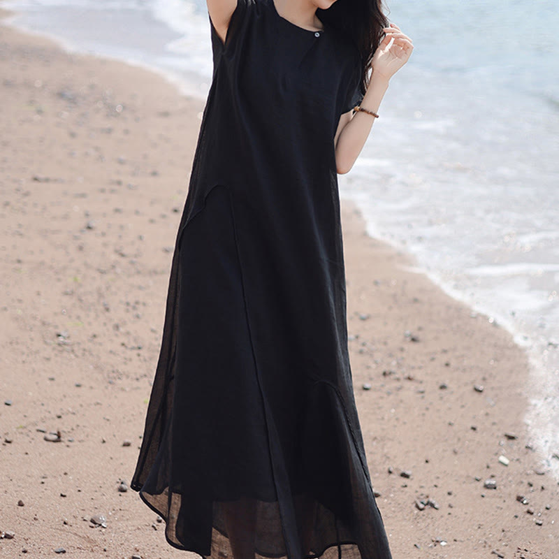 Buddha Stones Plain Irregular Hem Short Sleeve Cotton Linen Maxi Dress