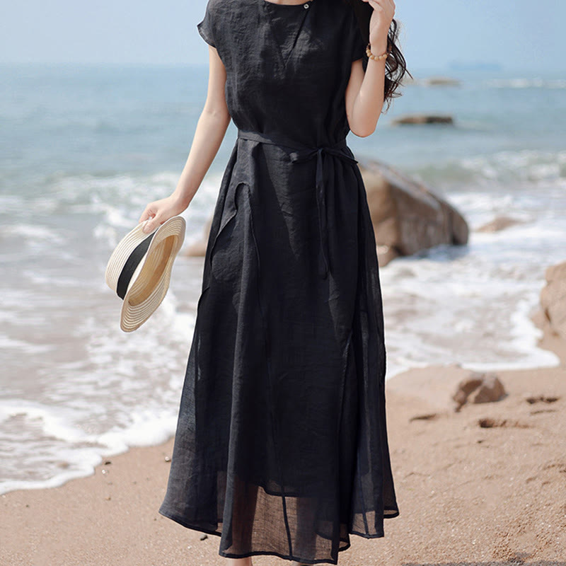Buddha Stones Plain Irregular Hem Short Sleeve Cotton Linen Maxi Dress
