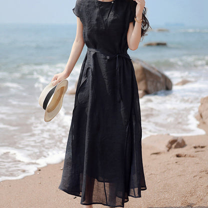 Buddha Stones Plain Irregular Hem Short Sleeve Cotton Linen Maxi Dress