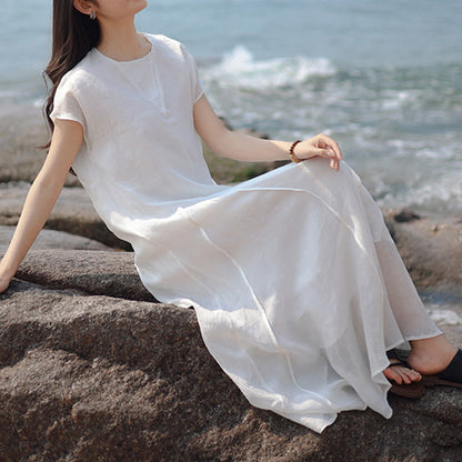 Buddha Stones Plain Irregular Hem Short Sleeve Cotton Linen Maxi Dress