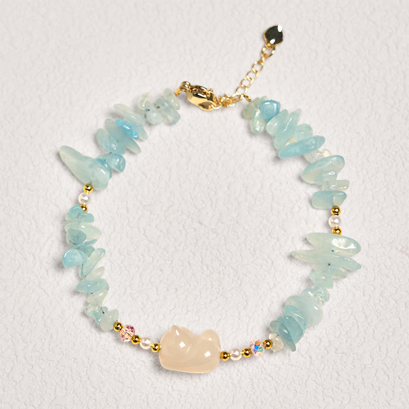 Buddha Stones Natural Irregular Aquamarine Cute Cat Healing Bracelet