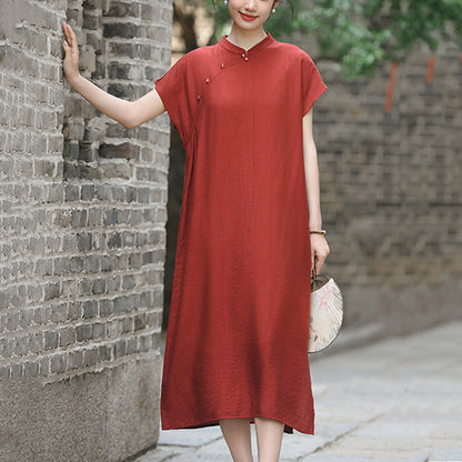 Buddha Stones Plain Cheongsam Lace-Up Design Cotton Linen Short Sleeve Midi Dress