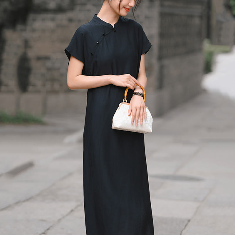 Buddha Stones Plain Cheongsam Lace-Up Design Cotton Linen Short Sleeve Midi Dress
