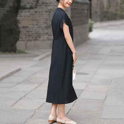 Buddha Stones Plain Cheongsam Lace-Up Design Cotton Linen Short Sleeve Midi Dress