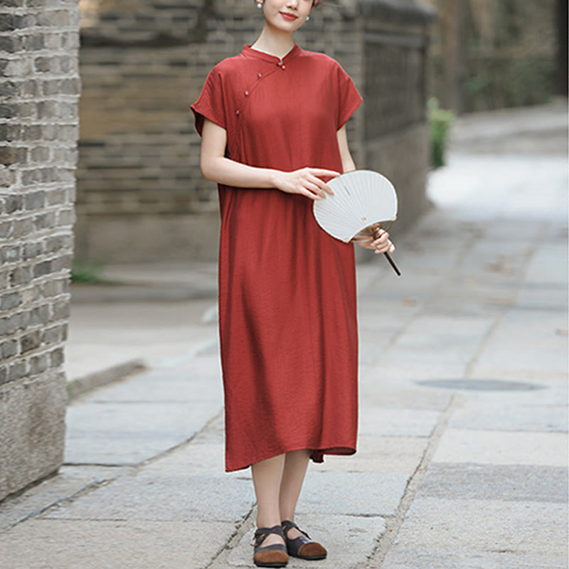 Buddha Stones Plain Cheongsam Lace-Up Design Cotton Linen Short Sleeve Midi Dress