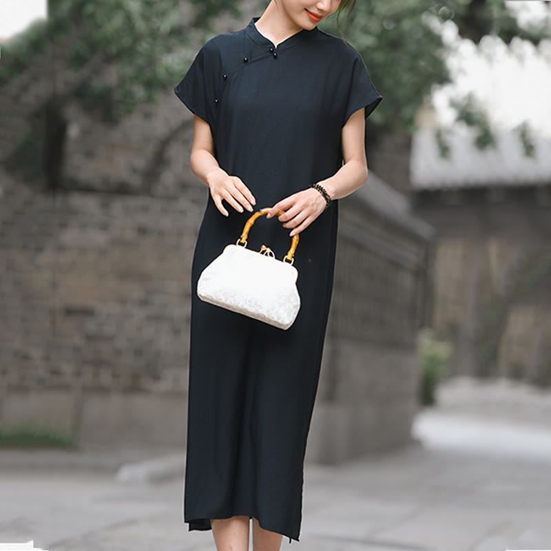 Buddha Stones Plain Cheongsam Lace-Up Design Cotton Linen Short Sleeve Midi Dress