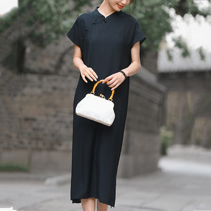Buddha Stones Plain Cheongsam Lace-Up Design Cotton Linen Short Sleeve Midi Dress