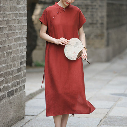 Buddha Stones Plain Cheongsam Lace-Up Design Cotton Linen Short Sleeve Midi Dress