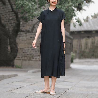 Buddha Stones Plain Cheongsam Lace-Up Design Cotton Linen Short Sleeve Midi Dress