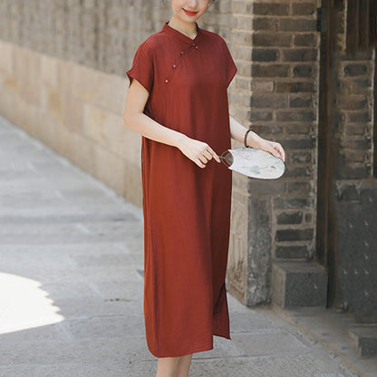 Buddha Stones Plain Cheongsam Lace-Up Design Cotton Linen Short Sleeve Midi Dress
