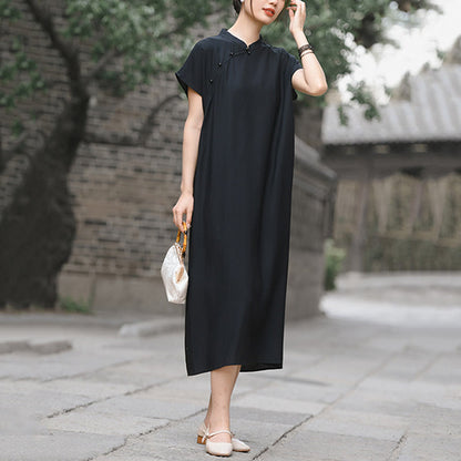 Buddha Stones Plain Cheongsam Lace-Up Design Cotton Linen Short Sleeve Midi Dress