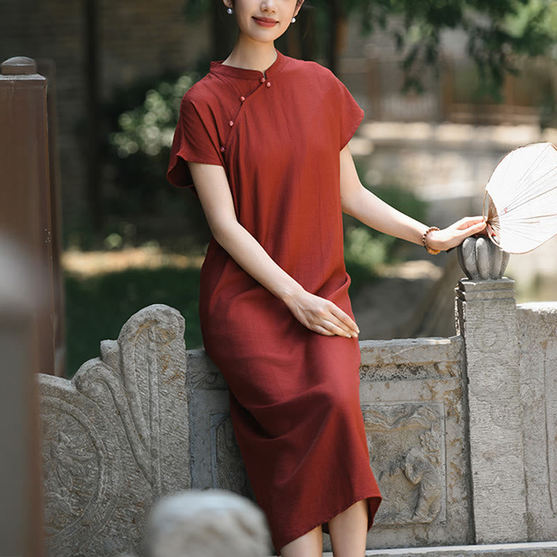 Buddha Stones Plain Cheongsam Lace-Up Design Cotton Linen Short Sleeve Midi Dress