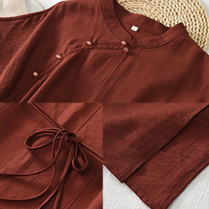 Buddha Stones Plain Cheongsam Lace-Up Design Cotton Linen Short Sleeve Midi Dress
