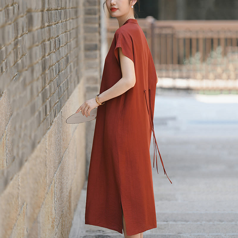 Buddha Stones Plain Cheongsam Lace-Up Design Cotton Linen Short Sleeve Midi Dress