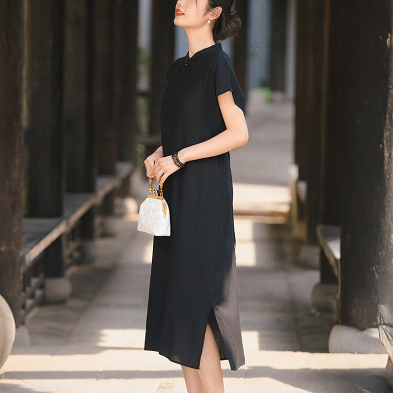 Buddha Stones Plain Cheongsam Lace-Up Design Cotton Linen Short Sleeve Midi Dress