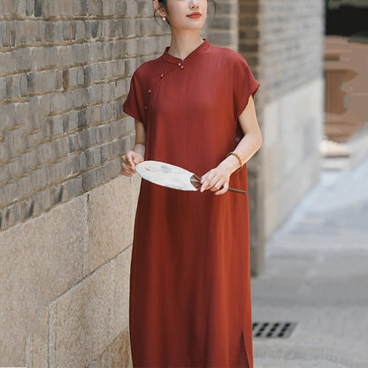 Buddha Stones Plain Cheongsam Lace-Up Design Cotton Linen Short Sleeve Midi Dress