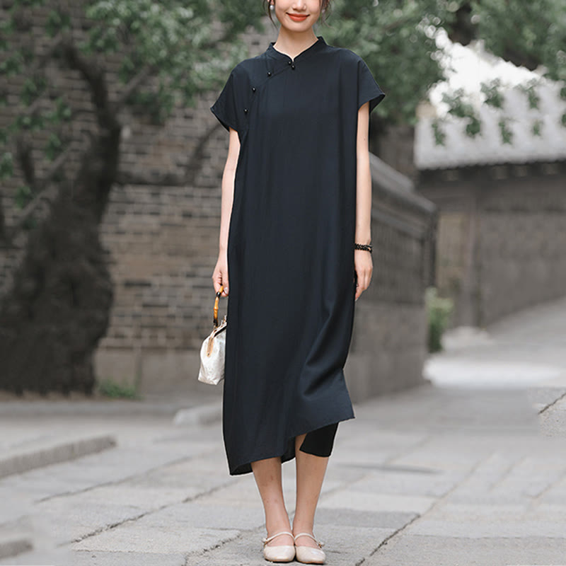 Buddha Stones Plain Cheongsam Lace-Up Design Cotton Linen Short Sleeve Midi Dress