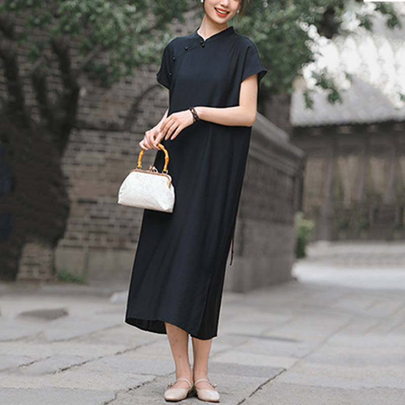 Buddha Stones Plain Cheongsam Lace-Up Design Cotton Linen Short Sleeve Midi Dress