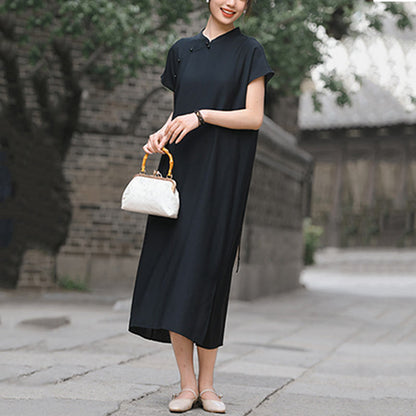 Buddha Stones Plain Cheongsam Lace-Up Design Cotton Linen Short Sleeve Midi Dress