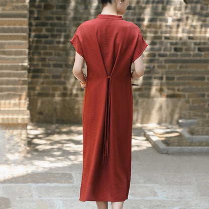 Buddha Stones Plain Cheongsam Lace-Up Design Cotton Linen Short Sleeve Midi Dress