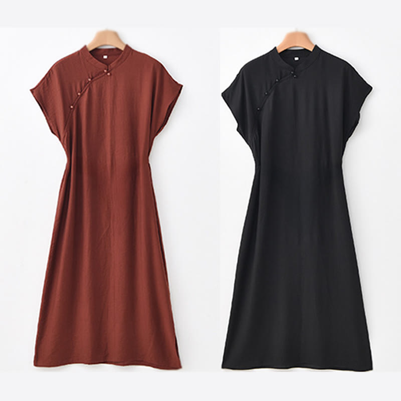 Buddha Stones Plain Cheongsam Lace-Up Design Cotton Linen Short Sleeve Midi Dress