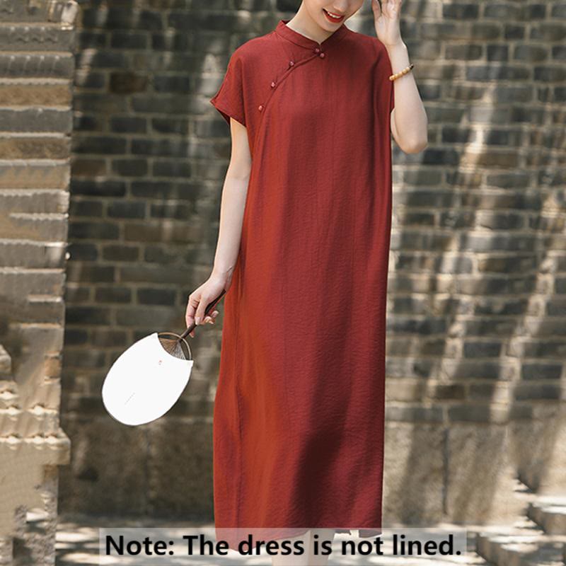 Buddha Stones Plain Cheongsam Lace-Up Design Cotton Linen Short Sleeve Midi Dress