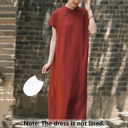 Buddha Stones Plain Cheongsam Lace-Up Design Cotton Linen Short Sleeve Midi Dress
