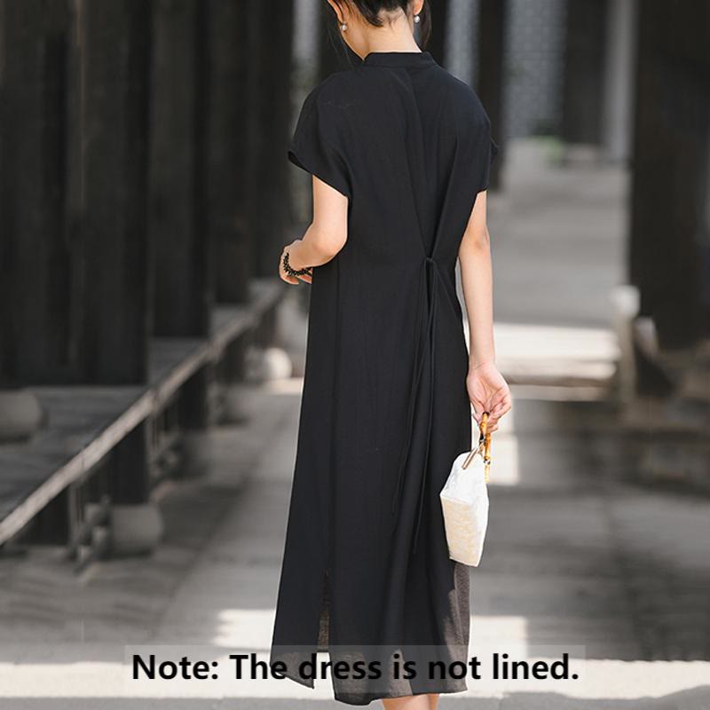 Buddha Stones Plain Cheongsam Lace-Up Design Cotton Linen Short Sleeve Midi Dress