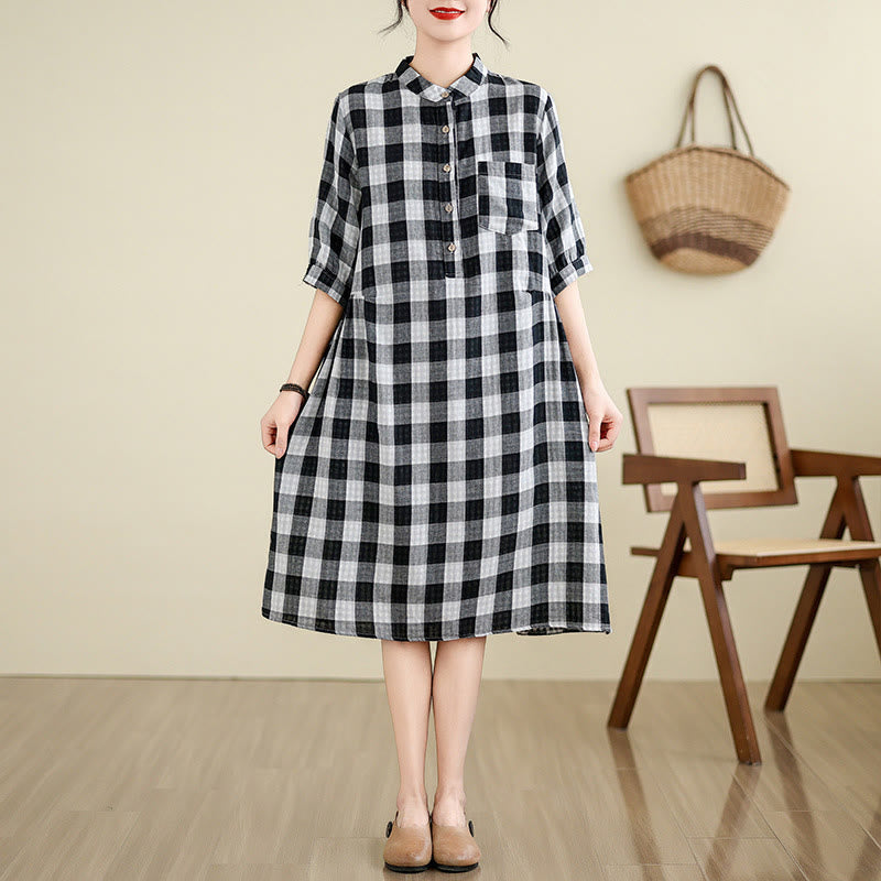 Buddha Stones Plaid Pattern Half Sleeve Cotton Linen Midi Dress With Pockets