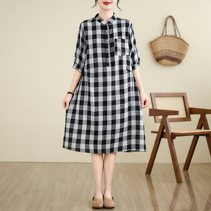 Buddha Stones Plaid Pattern Half Sleeve Cotton Linen Midi Dress With Pockets