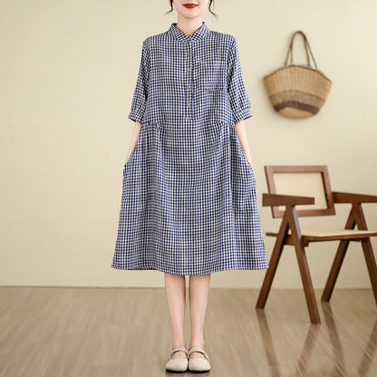 Buddha Stones Plaid Pattern Half Sleeve Cotton Linen Midi Dress With Pockets