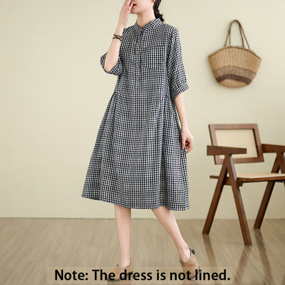 Buddha Stones Plaid Pattern Half Sleeve Cotton Linen Midi Dress With Pockets