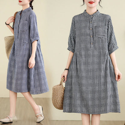 Buddha Stones Plaid Pattern Half Sleeve Cotton Linen Midi Dress With Pockets
