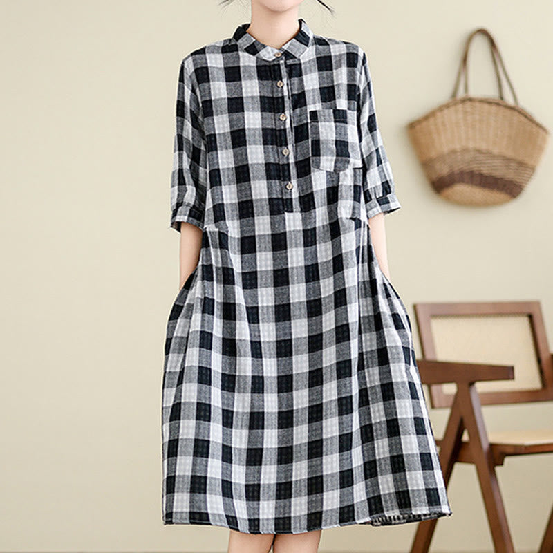 Buddha Stones Plaid Pattern Half Sleeve Cotton Linen Midi Dress With Pockets