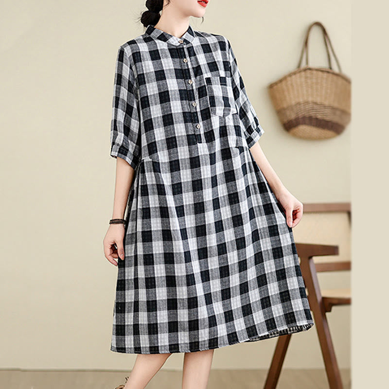 Buddha Stones Plaid Pattern Half Sleeve Cotton Linen Midi Dress With Pockets