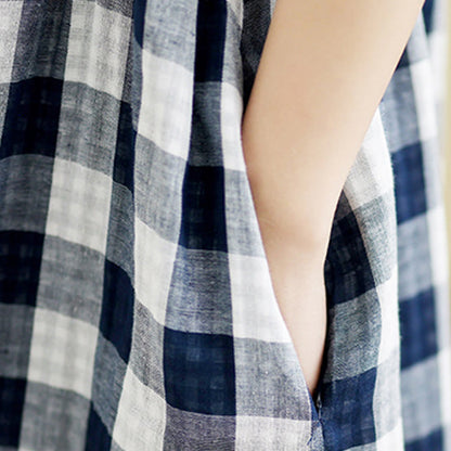 Buddha Stones Plaid Pattern Half Sleeve Cotton Linen Midi Dress With Pockets