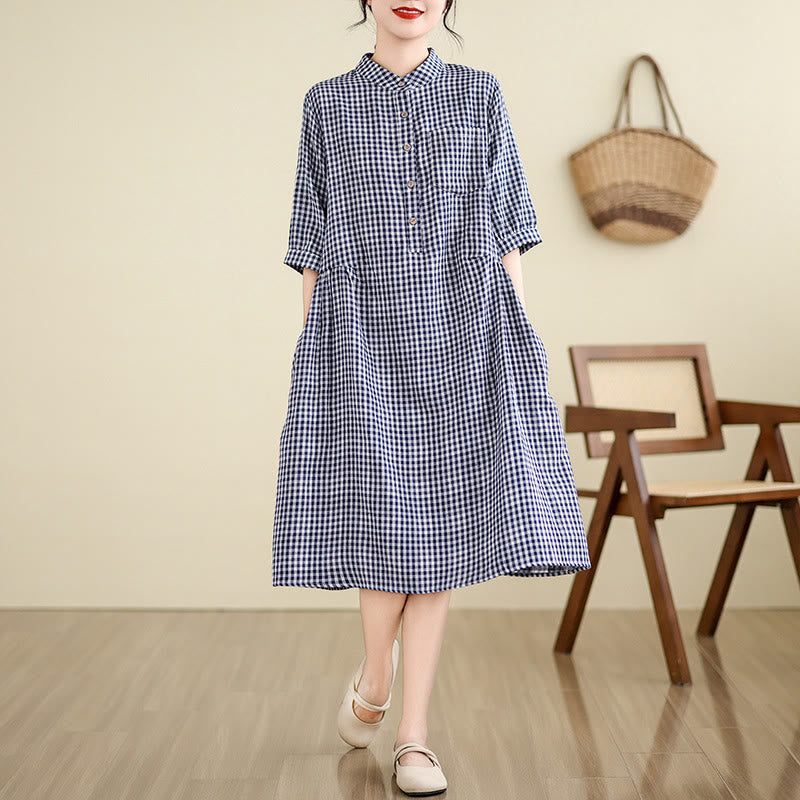 Buddha Stones Plaid Pattern Half Sleeve Cotton Linen Midi Dress With Pockets