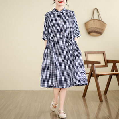 Buddha Stones Plaid Pattern Half Sleeve Cotton Linen Midi Dress With Pockets