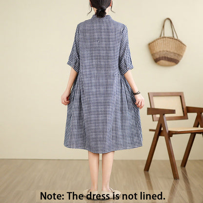 Buddha Stones Plaid Pattern Half Sleeve Cotton Linen Midi Dress With Pockets