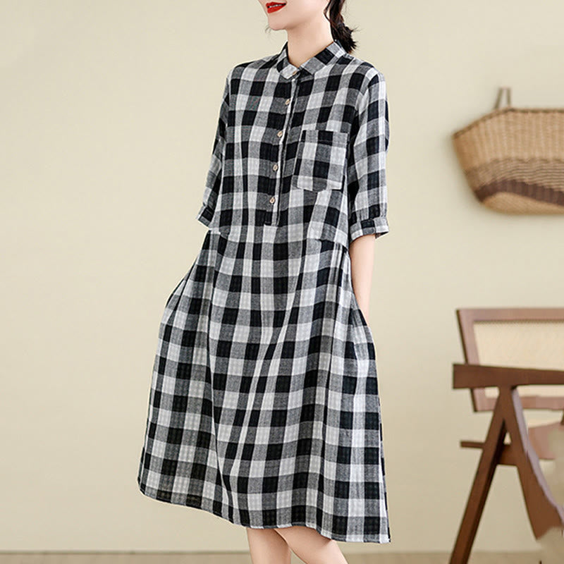 Buddha Stones Plaid Pattern Half Sleeve Cotton Linen Midi Dress With Pockets