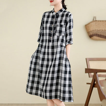 Buddha Stones Plaid Pattern Half Sleeve Cotton Linen Midi Dress With Pockets