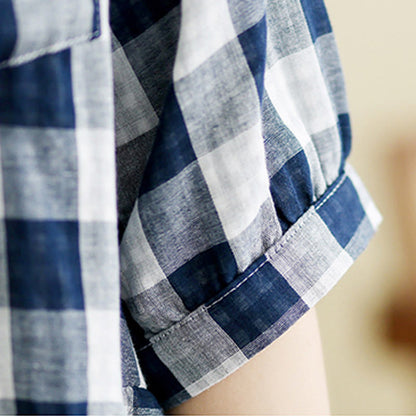 Buddha Stones Plaid Pattern Half Sleeve Cotton Linen Midi Dress With Pockets