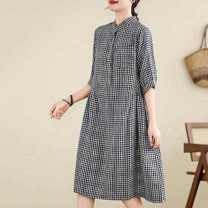 Buddha Stones Plaid Pattern Half Sleeve Cotton Linen Midi Dress With Pockets
