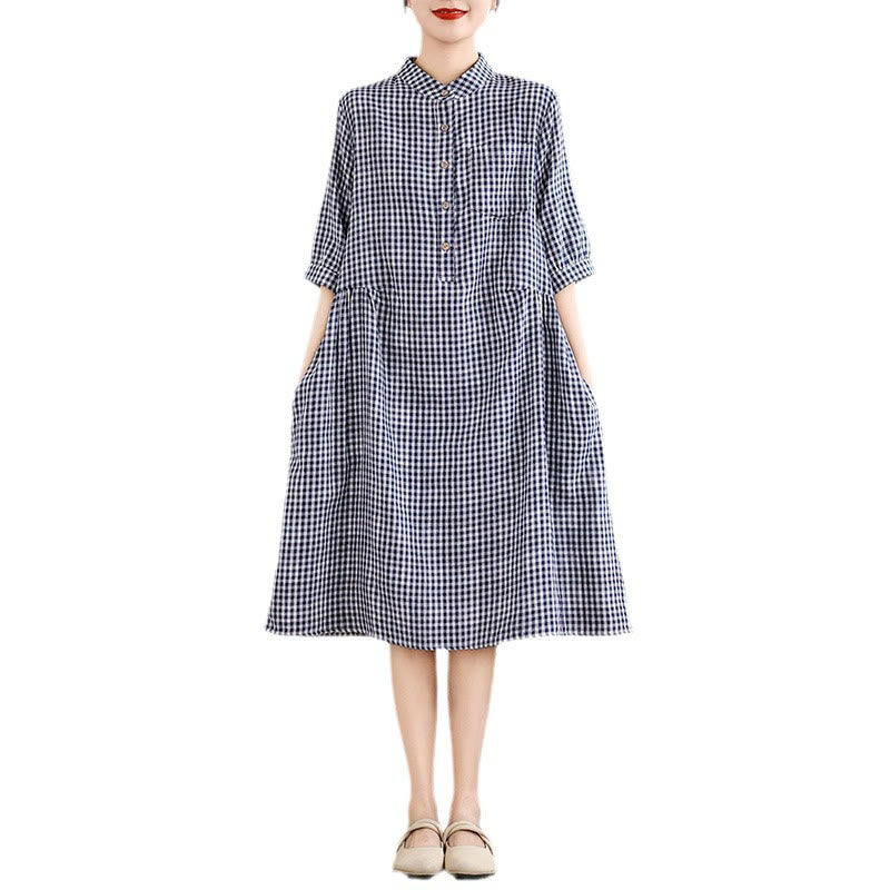 Buddha Stones Plaid Pattern Half Sleeve Cotton Linen Midi Dress With Pockets