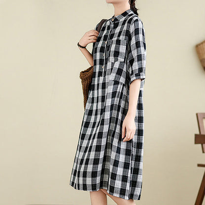 Buddha Stones Plaid Pattern Half Sleeve Cotton Linen Midi Dress With Pockets