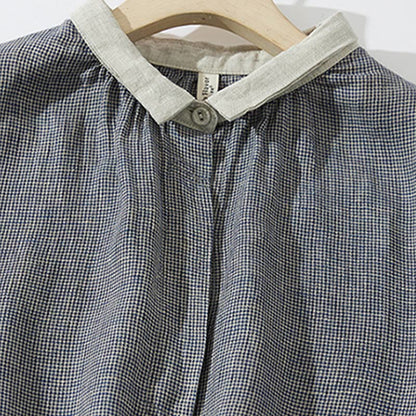 Buddha Stones Commute DimGray Plaid Lantern Long Sleeve Cotton Linen Midi Dress With Pockets