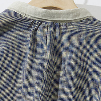 Buddha Stones Commute DimGray Plaid Lantern Long Sleeve Cotton Linen Midi Dress With Pockets
