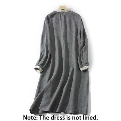 Buddha Stones Commute DimGray Plaid Lantern Long Sleeve Cotton Linen Midi Dress With Pockets