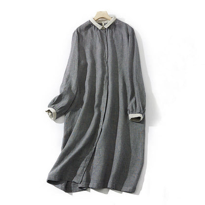 Buddha Stones Commute DimGray Plaid Lantern Long Sleeve Cotton Linen Midi Dress With Pockets
